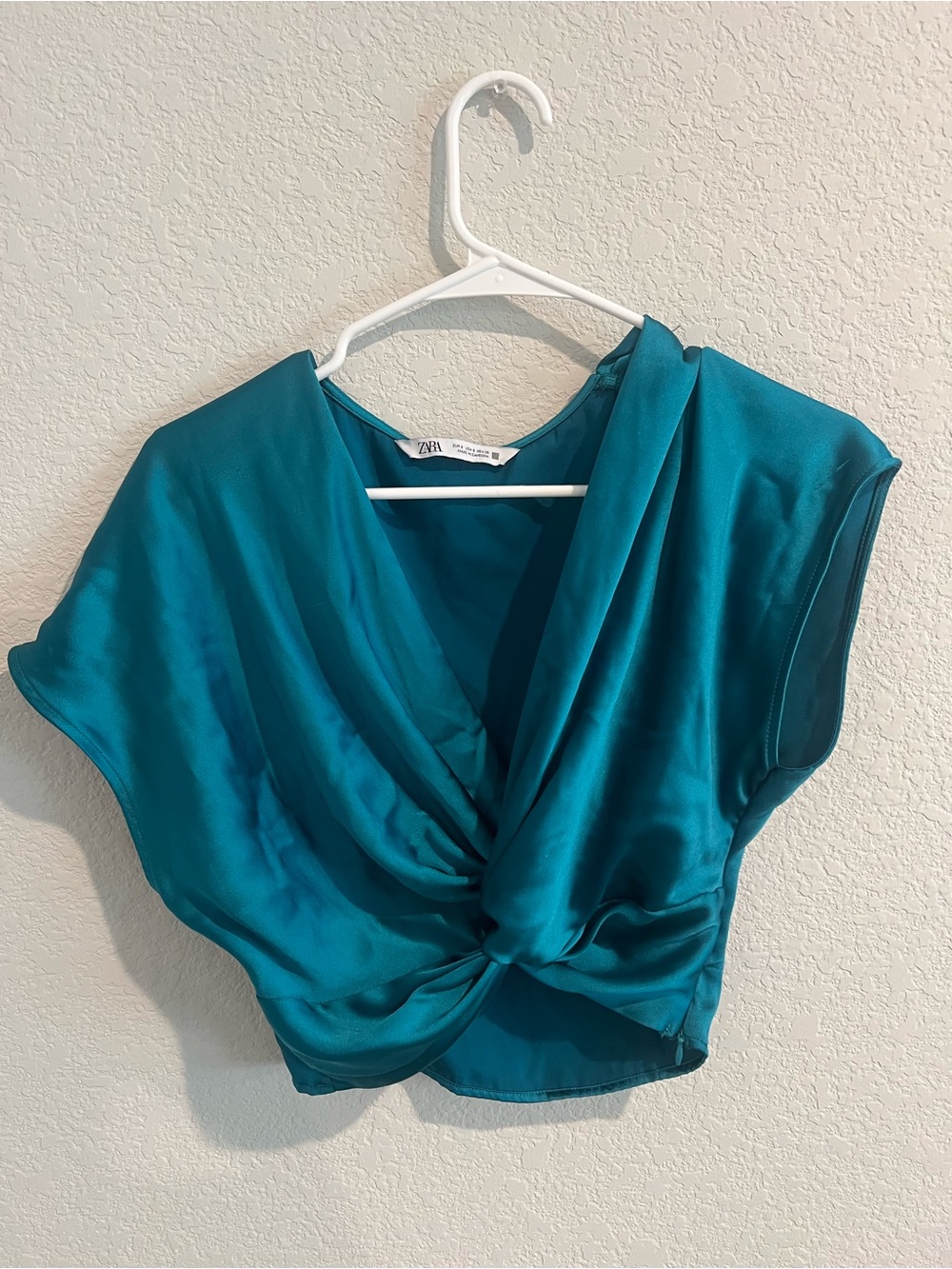 Zara Teal Satin Twist-Front Blouse